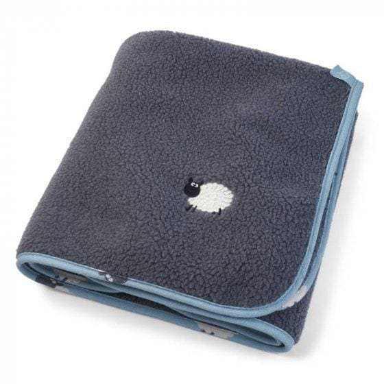 Counting Sheep Sherpa Dog Comforter in dark grey with blue piping showing sheep patch design.