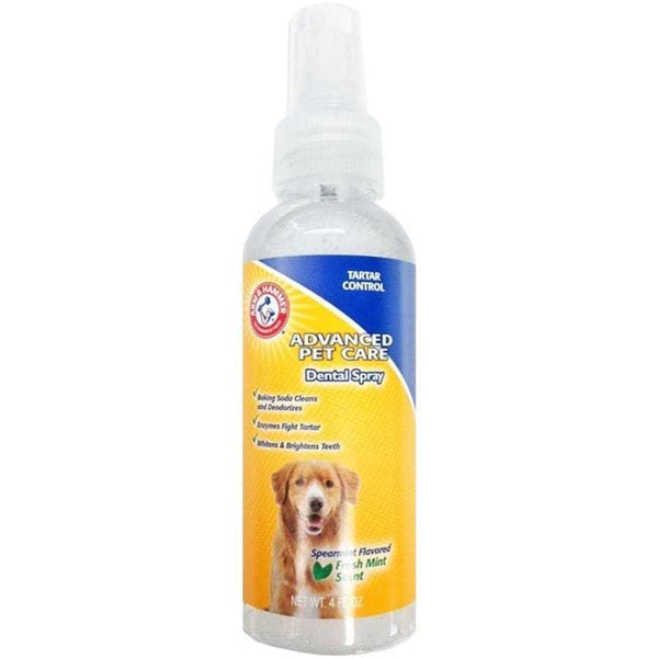 Dog dental spray for clean teeth, 4oz bottle, tartar control, fresh mint scent.