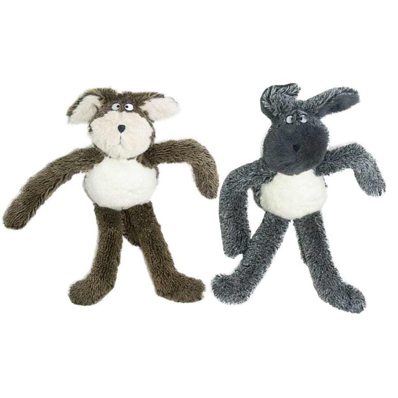 Dog Life Super Soft Cuddle Bunny Dog Soft Toy with squeaker, two plush bunnies in grey and brown.