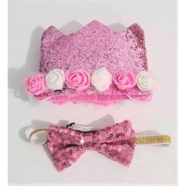 Sparkly pink dog crown and bow tie pack with sequins.