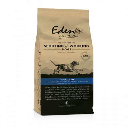 Eden 80-20 Fish Cuisine dog food for sporting and working dogs, featuring Scottish Salmon and Herring.
