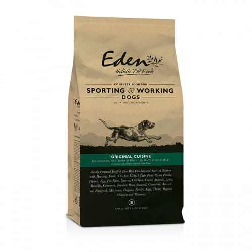 Eden 80-20 Original Cuisine dog food for small breeds, featuring premium ingredients like English chicken, Scottish salmon, and Suffolk duck.