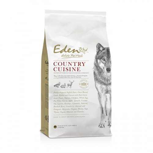 Eden Country Cuisine Dry Dog Food suitable for adult and senior dogs, featuring a blend of duck, rabbit, lamb, and venison for active pets.