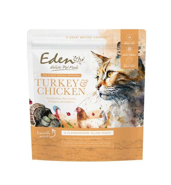 Eden Feline Feast Turkey & Chicken Dry Cat Food 1.5kg package, nutritious diet for all cat ages.