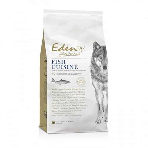 Eden Fish Cuisine Dry Dog Food package featuring fish content and wolf design.