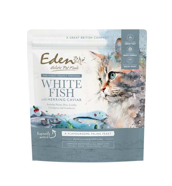 Eden Fish with Herring Caviar Dry Cat Food 1.5kg packaging featuring white fish and a cat illustration.