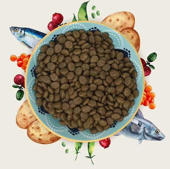 Eden Fish with Herring Caviar Dry Cat Food in a bowl with fish and vegetables background.
