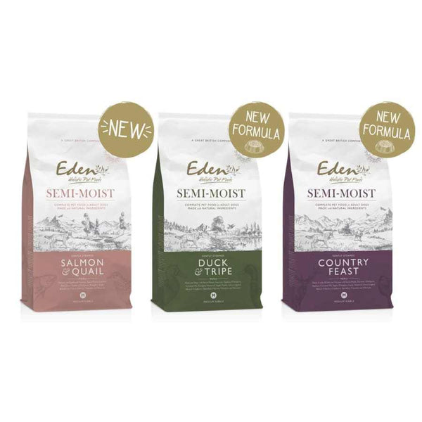 Eden Semi-Moist Dog Food Bundle 3 x 2KG featuring Salmon & Quail, Duck & Tripe, and Country Feast flavors for adult and senior dogs.