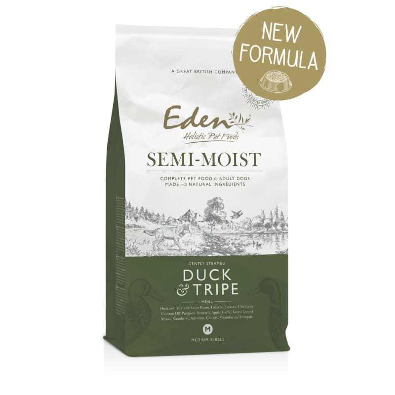 Eden Duck and Tripe Semi Moist Dog Food packaging with "New Formula" label.