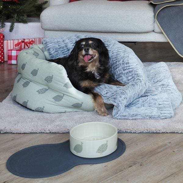 Dark grey feather design Feather Friends Oval Dog Bed with a dog inside, featuring a matching cushion and ceramic bowl.