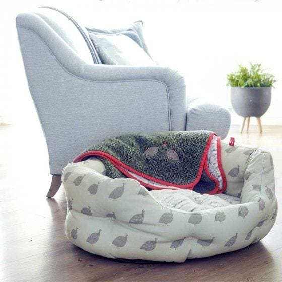 Feather Friends Oval Dog Bed in light green with feather pattern, placed on a wooden floor next to a sofa.
