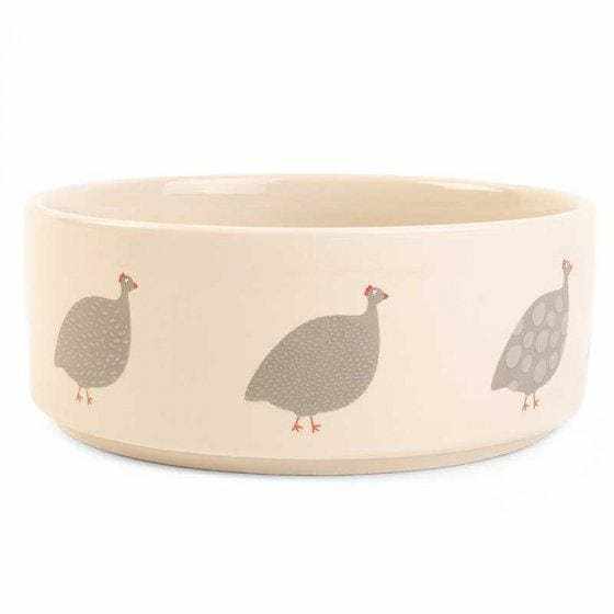 Feathered Friends Ceramic Dog Bowl with bird design, dishwasher safe.