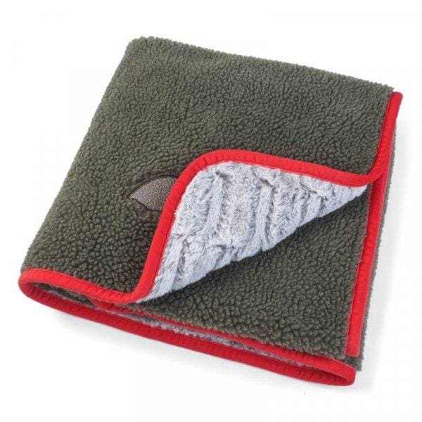 Feathered Friends Dog Comforter Blanket, dark grey with red piping, fleecy and faux fur sides.