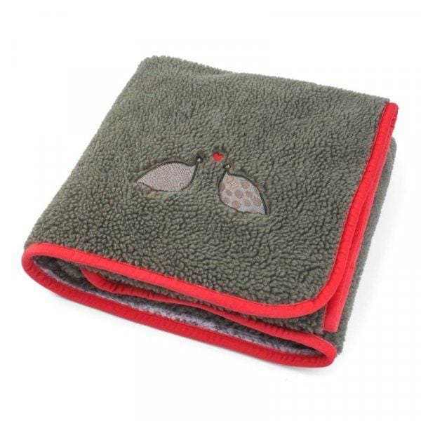 Comfortable Feathered Friends Dog Comforter Blanket with partridge design, dark grey with red piping.