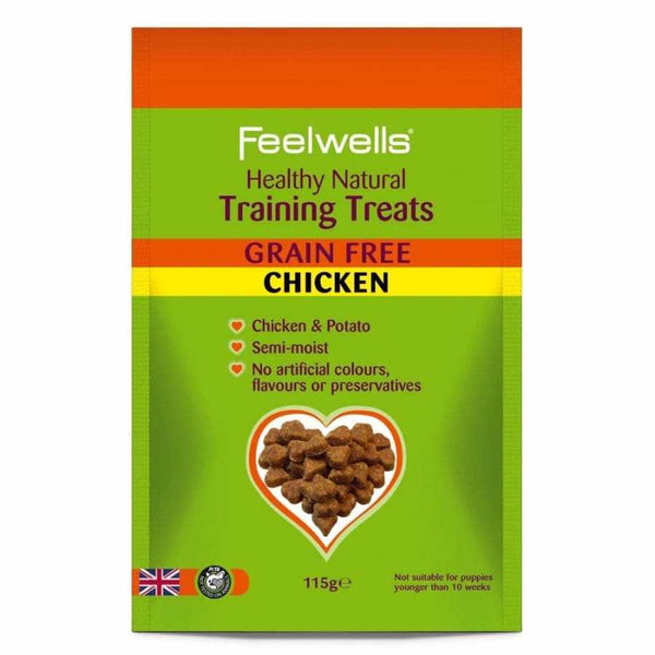 Feelwells Healthy Chicken Natural Dog Treats 115g, grain-free, oven-baked, with added vitamins and minerals.