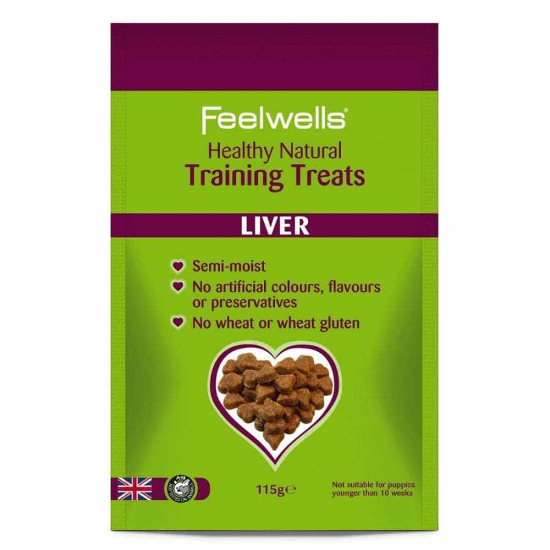 Feelwells Healthy Liver Natural Dog Treats 115g packaging with heart-shaped hypoallergenic treats.