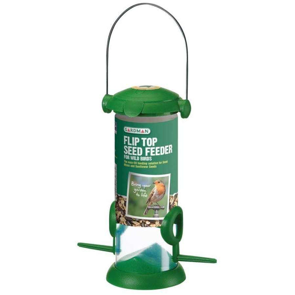 Flip Top Seed Feeder for Wild Birds with durable plastic design and easy-fill lid.