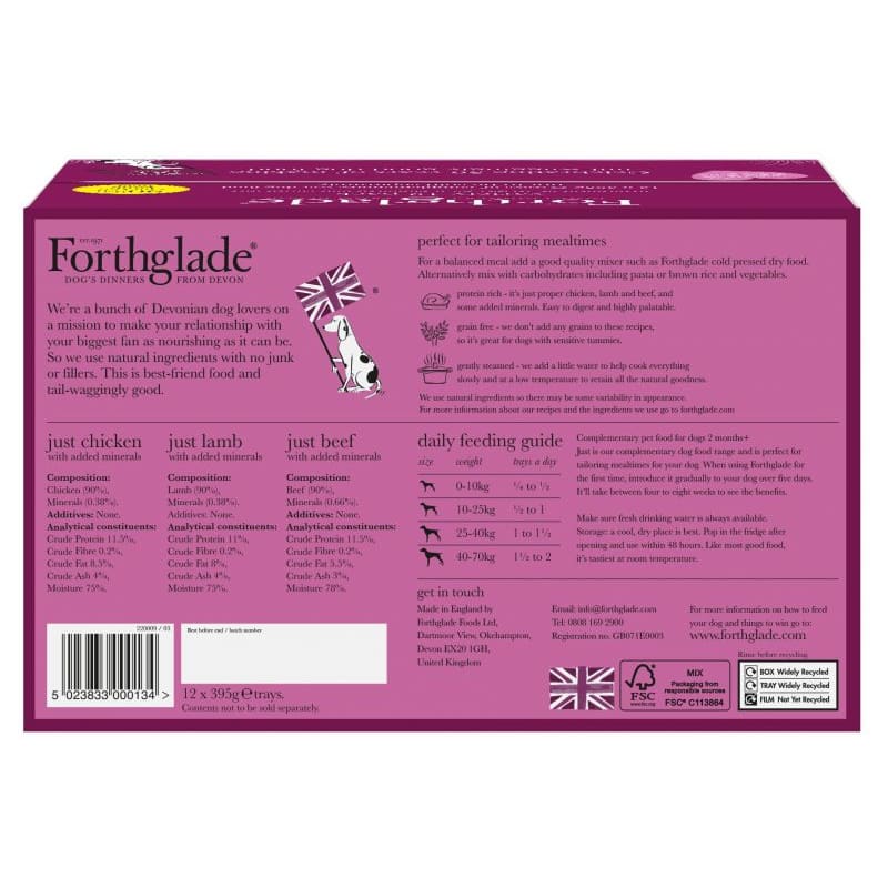 Forthglade Chicken, Lamb & Beef Natural Wet Dog Food - Variety Pack 12x395g -Forthglade Pet Food5023833000134
