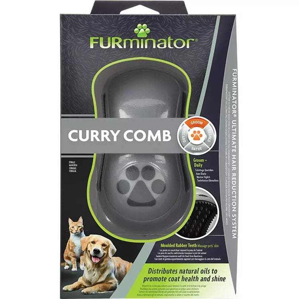 Furminator Curry Comb for Cats and Dogs in packaging, promotes shiny coat and health.