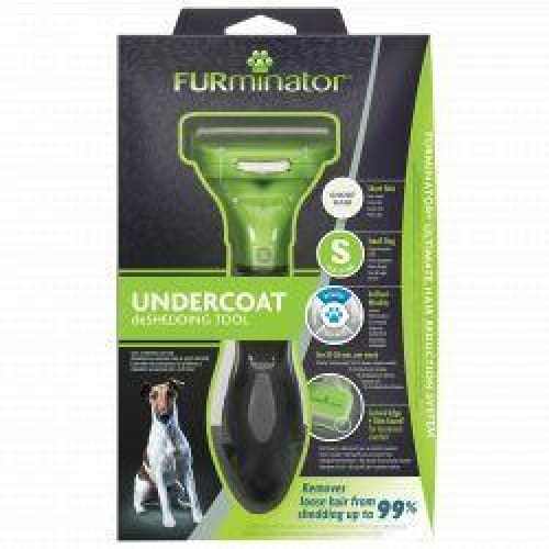 Furminator Undercoat Deshedding Tool for Dogs in packaging, green and black design, ergonomic handle, stainless steel edge.