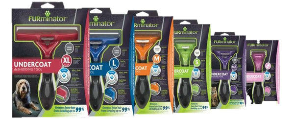 Furminator Undercoat Deshedding Tool for Dogs in assorted sizes and colors, packaging display.