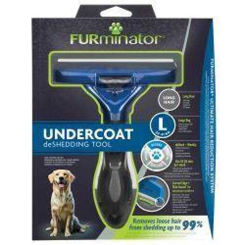 Furminator Undercoat Deshedding Tool for Dogs packaging with ergonomic handle and stainless steel edge for easy grooming.