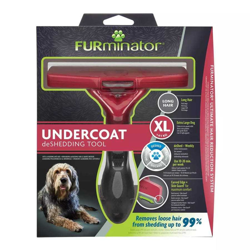 Furminator Undercoat Deshedding Tool for Dogs packaging featuring grooming tool and dog.
