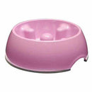 Pink slow anti-gulp dog bowl designed to reduce fast eating and improve digestion.