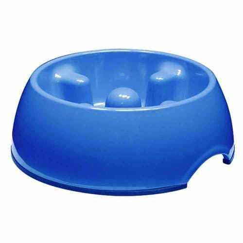 Blue slow-feed anti-gulp dog bowl for improved digestion and reduced bloating.