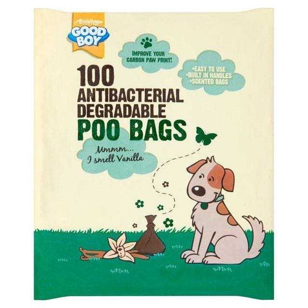 Good Boy Anti Bacterial Poo Bags 100 Pack with vanilla scent and built-in handle for hygienic disposal.
