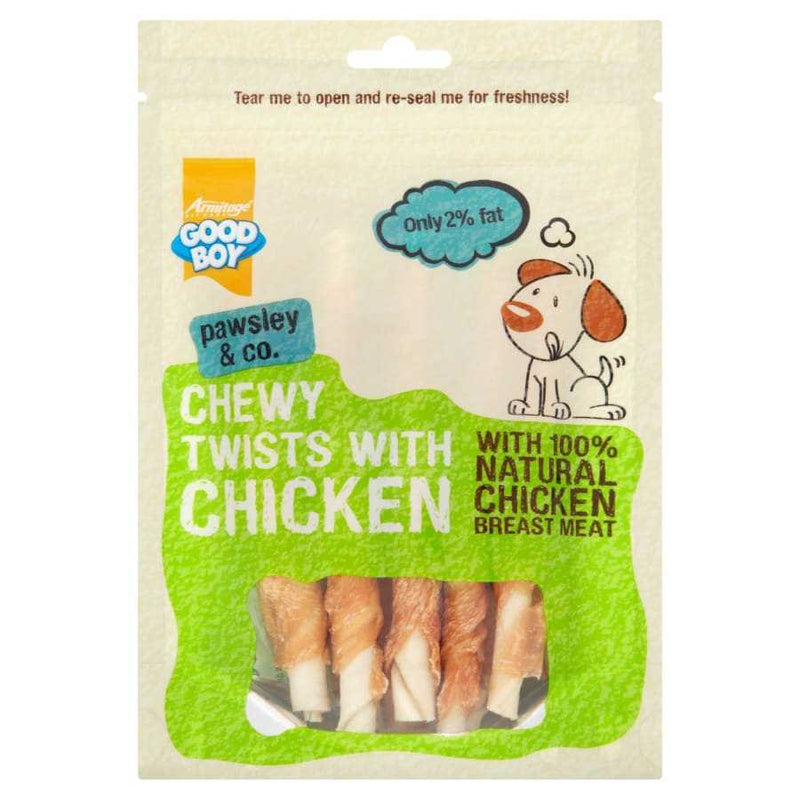 Good Boy Chewy Twists with Chicken Dog Treats 90g packaging with natural chicken breast meat label.