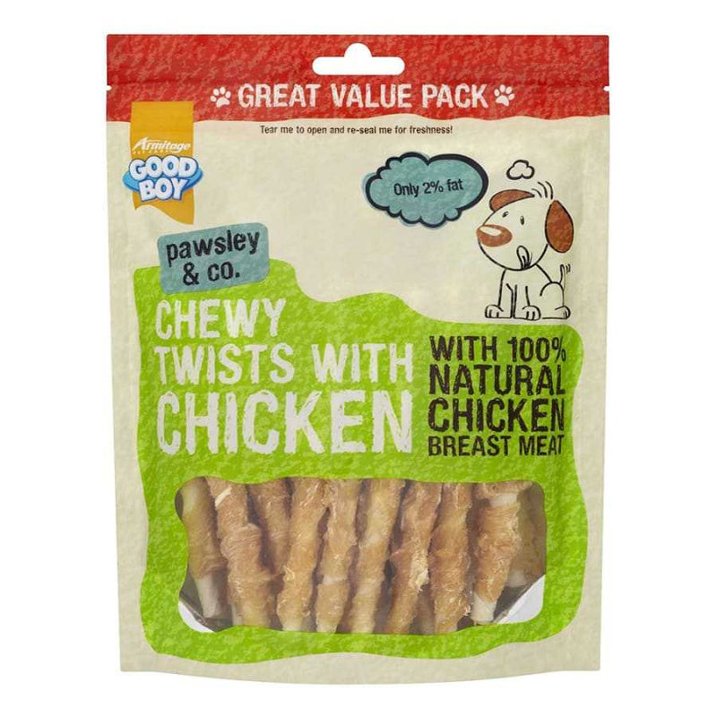 Good Boy Chewy Twists with Chicken Dog Treats, 320g pack, natural chicken breast, low fat, for dogs over 4 months.