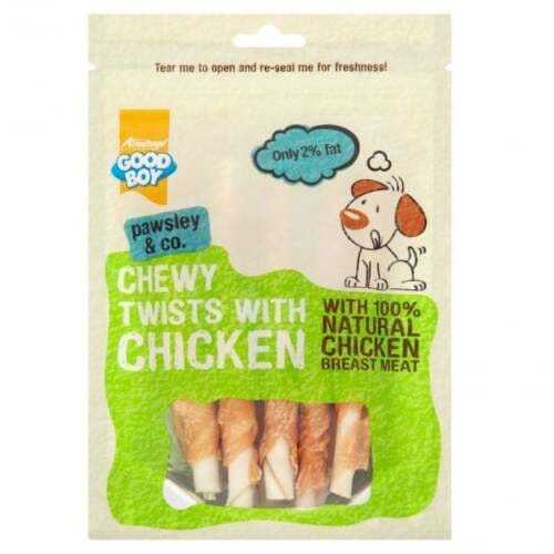 Good Boy Chewy Twists with Chicken Dog Treats package with natural chicken breast and low fat content.