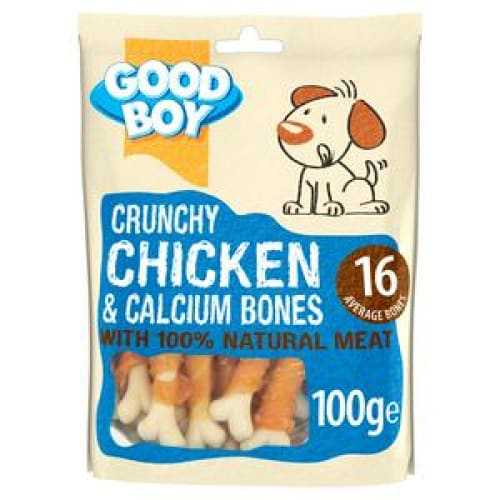 Good Boy Chicken & Calcium Bones Dog Treats packaging, featuring crunchy treats made with natural chicken and calcium for healthy teeth and bones.