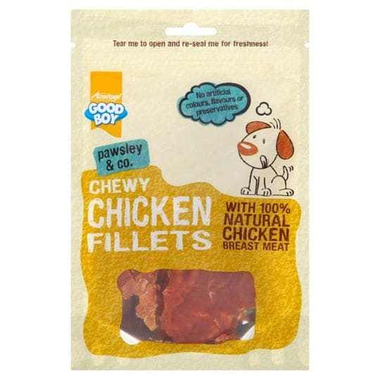 Good Boy Chicken Fillets dog treats in resealable bag with natural chicken breast.