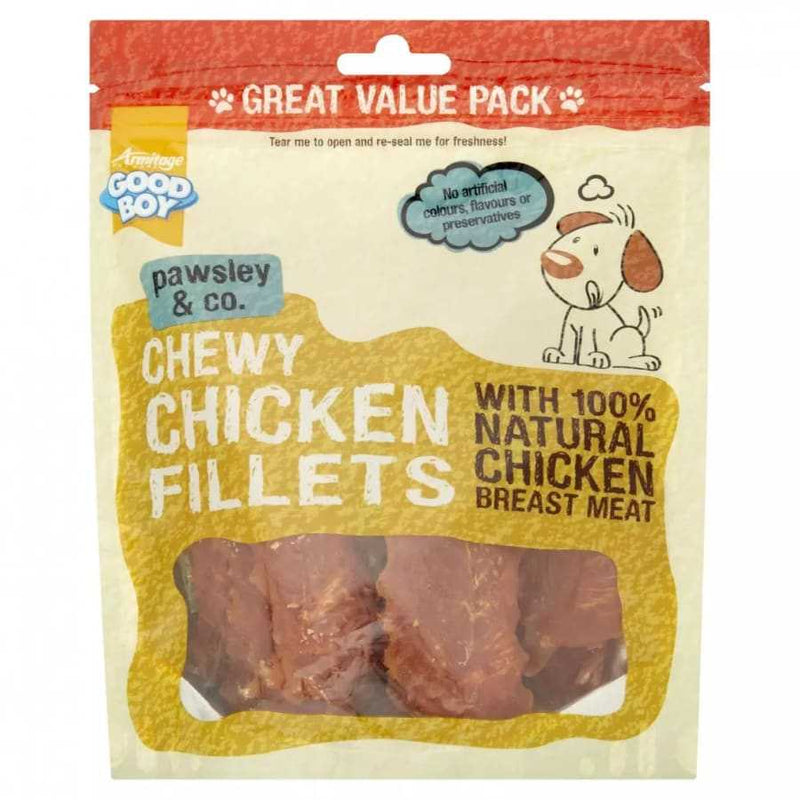 Good Boy Chicken Fillets Dog Treats in resealable pack, made with 100% natural chicken breast meat.