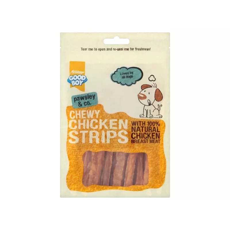 Good Boy Chicken Strip Dog Treats in a resealable bag, made from 100% natural chicken meat, gluten-free, low-fat.