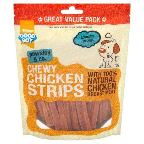 Good Boy Chicken Strip Dog Treats made with 100% natural chicken meat, in a resealable package, suitable for all dogs.