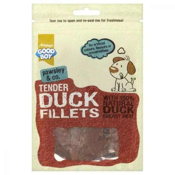 Good Boy Duck Fillets Dog Treats in resealable bag with 100% natural duck meat.