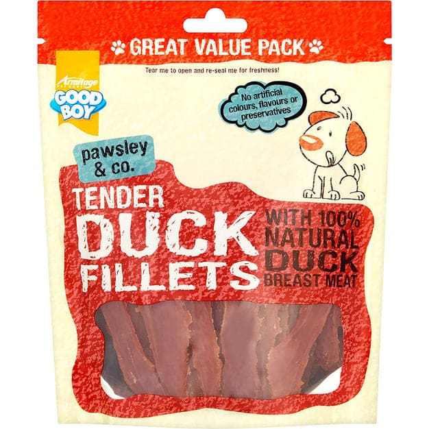 Good Boy Duck Fillets Dog Treats packaging with natural duck breast meat.