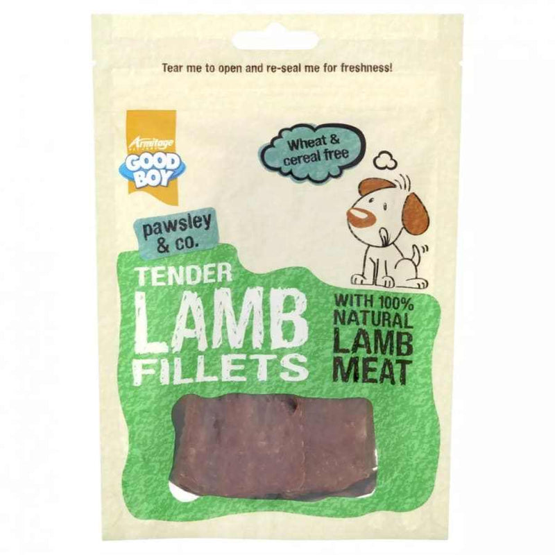 Good Boy Lamb Fillets Dog Treats in re-sealable bag with natural lamb meat, wheat and cereal free.