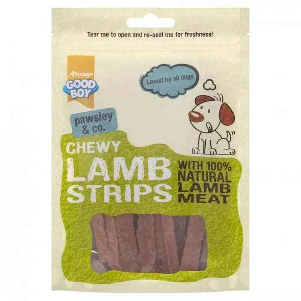 Good Boy Lamb Strip Dog Treat, natural lamb meat, resealable bag.