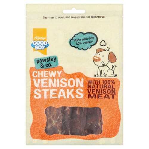 Good Boy Venison Steaks Dog Treats made from natural venison meat, re-sealable bag.