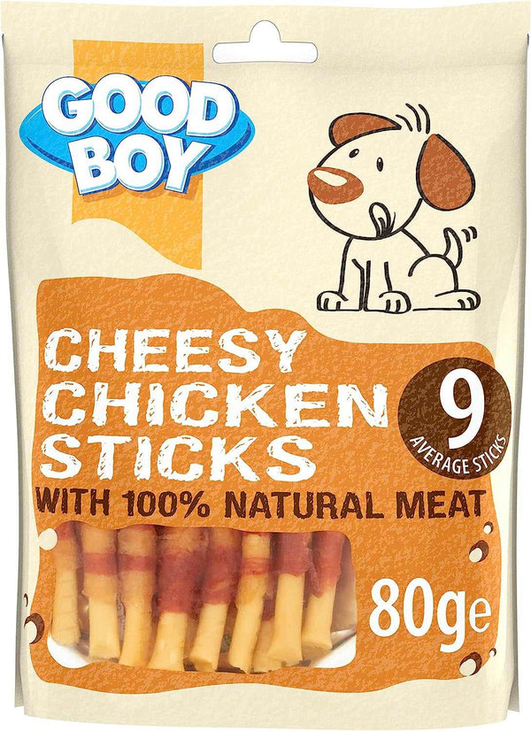 Good Boy Cheesy Chicken Sticks Dog Treats, 80g pack, natural chicken, low fat, rawhide-free.