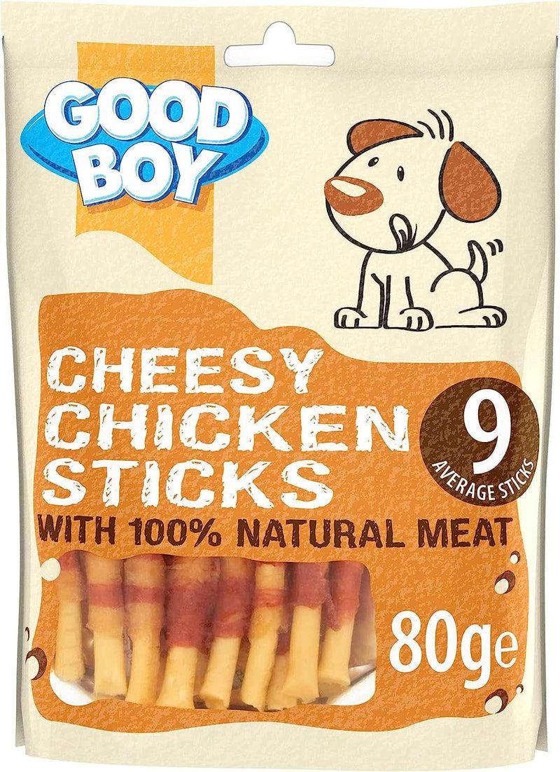 Good Boy Cheesy Chicken Sticks Dog Treats, 80g pack, natural chicken, low fat, rawhide-free.