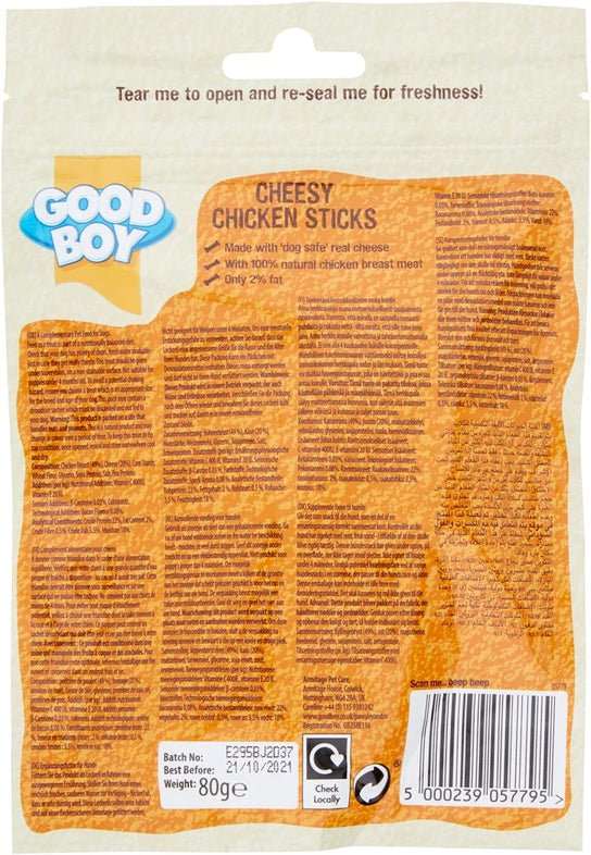 Good Boy Cheesy Chicken Sticks Dog Treats packaging, featuring 100% natural chicken breast, low fat, and rawhide-free ingredients in an 80g resealable bag.