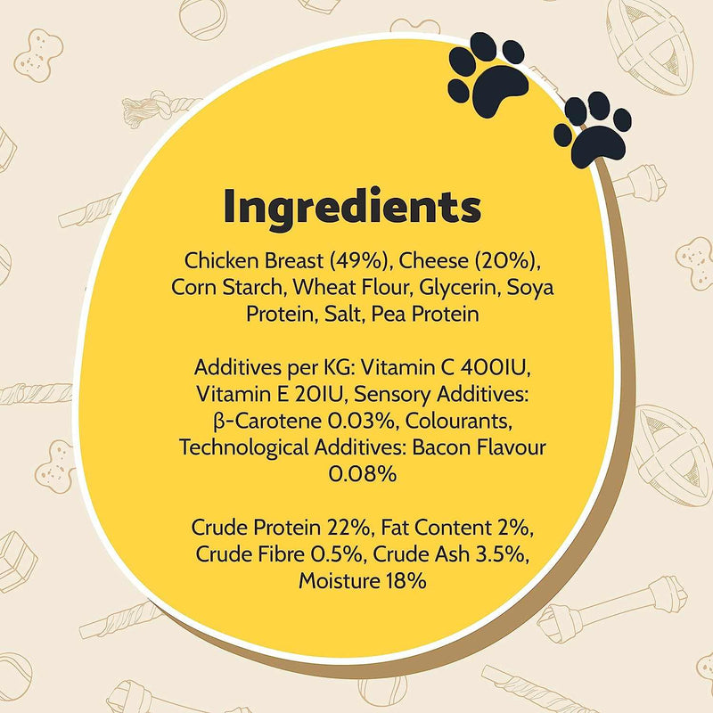Ingredients list for Good Boy Cheesy Chicken Sticks Dog Treats with chicken, cheese, corn starch, wheat flour, and additives.