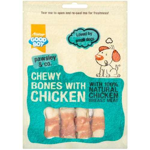 Good Boy Chewy Bones with Chicken dog treats packaging displaying natural ingredients.