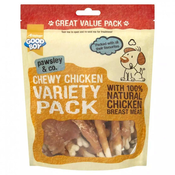 Good Boy Chewy Chicken Variety Dog Treats 320g Bag with 100% natural chicken breast meat.