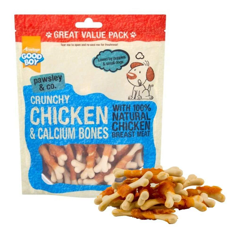 Good Boy Chicken & Calcium Bones Dog Treats 350g Bag with natural chicken breast and calcium-enriched bones for dental health.